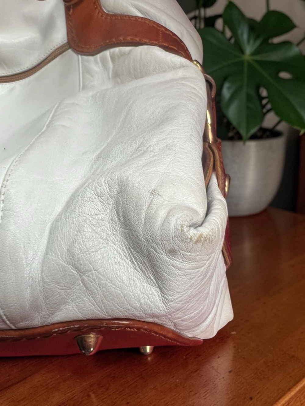 Marino Orlandi White Italian Leather Shoulder Bag Large Tan Trim - Picture 14 of 14